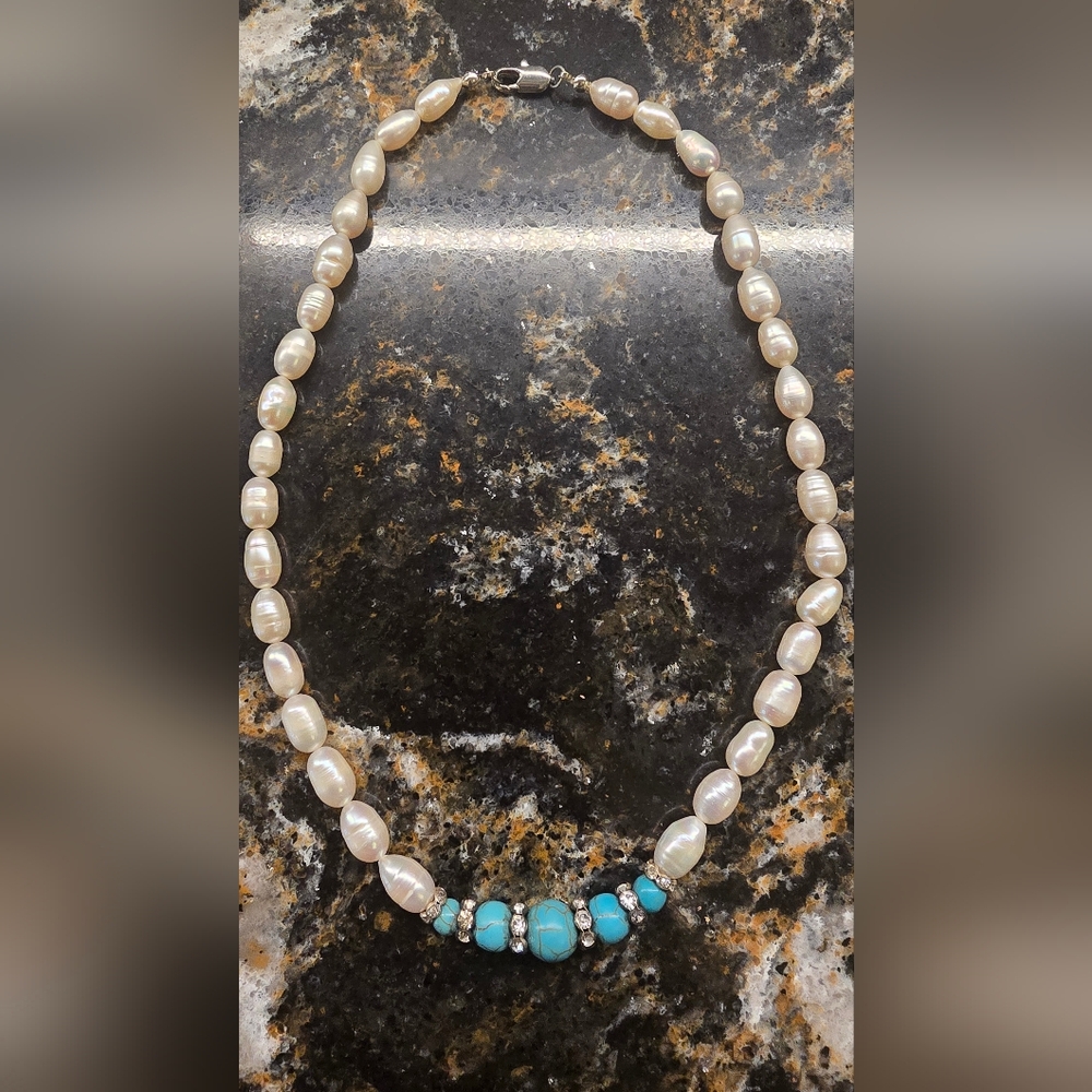 Elegant Pearl and Turquoise Necklace 17"